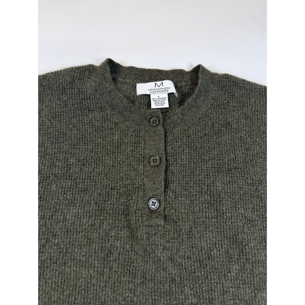 Magaschoni Henley Sweater Women Large Olive Green 100% Cashmere Ribbed Knit - Picture 4 of 8